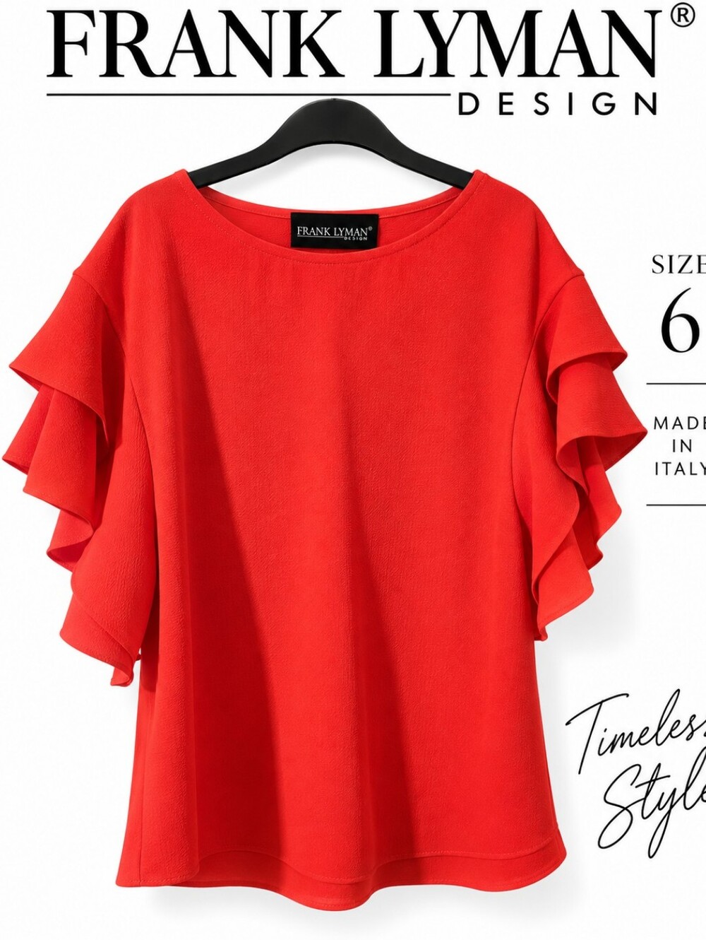 Frank Lyman Design Red Beautiful FraCoral Ruffle Sleeve Top Size 6 Made in Italy